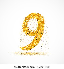 Beautiful card with number 9 made with little glitter circles with falling glittery particles. Figure nine on white background. Vector illustration for your graphic design.