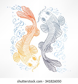 beautiful card with orange and gray Japanese carps. hand-drawn illustration