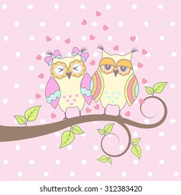 Beautiful card with owls in love on branch