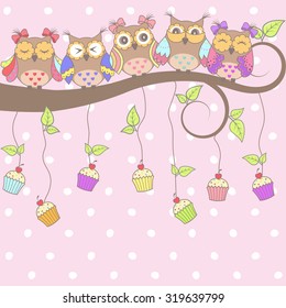 Beautiful card with owls on the tree and cakes on a pink background