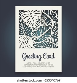 Beautiful card with palm tree leaves. Rain forest motif. Vector template for laser cutting. Can be used as invitation, envelope, greeting card. Paper craft silhouette.