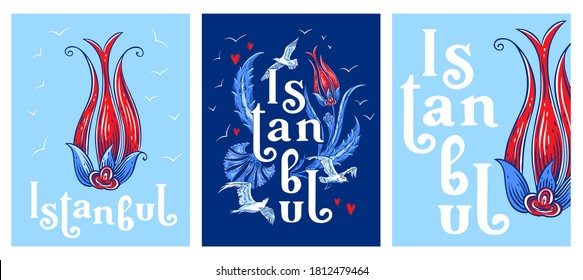 Beautiful card with patterns. lettering istanbul with flower ornament. Turkish postcard with vector drawings.
