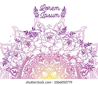 beautiful card with peonies and mandala ornaments, can be used for tattoo or as bohemian party invitation, vector illustation 