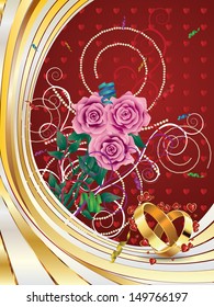 Beautiful card with pink roses and two wedding rings on red background.