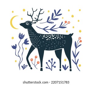 Beautiful card or poster with linocut style deer, decorated with flowers and plants. Fairy tale vector illustration 