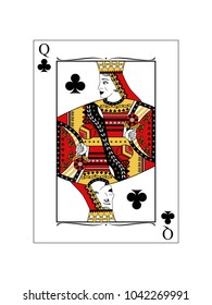 The beautiful card of the queen of clubs in classic style.
