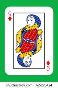 The beautiful card of the Queen of diamonds in classic style.