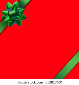 Beautiful card with red background and cute gradient green ribbon. Green bow. Vector card template.