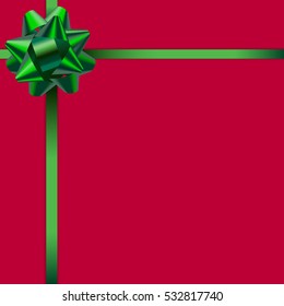 Beautiful card with red background and cute gradient green ribbon. Green bow. Vector card template.