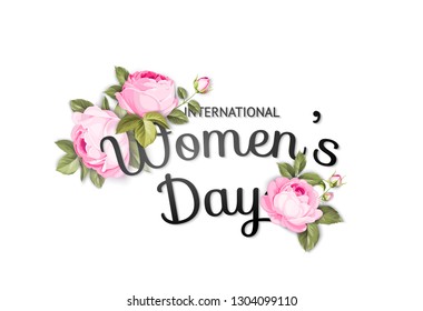 Beautiful card with red roses and text on white background. Happy women day design. March holiday poster. Vector illustration.