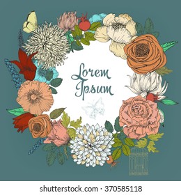 Beautiful card with a round floral wreath of vintage garden. 