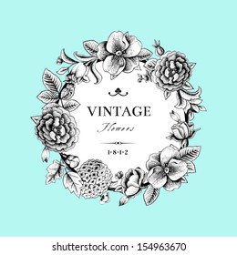 Beautiful card with a round wreath of different flowers of vintage garden. Black and white frame of the Roses, hydrangea and dog-rose on mint background. Vector illustration