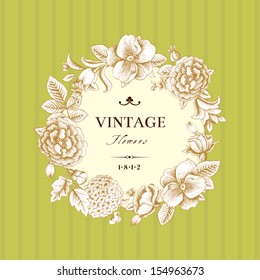 Beautiful card with a round wreath of different flowers of vintage garden. Gold frame of roses, hydrangea and dog-rose on yellow-green background. Vector illustration