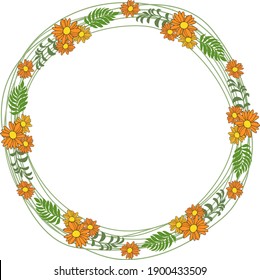 Beautiful card with a round wreath of different flowers of vintage garden. Vector illustration