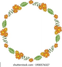 Beautiful card with a round wreath of different flowers of vintage garden. Vector illustration