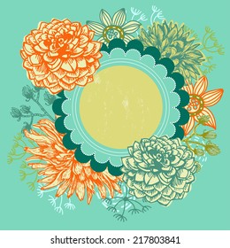 Beautiful card with a round wreath of different flowers of vintage garden.  All objects are conveniently grouped  and are easily editable.