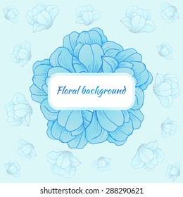 Beautiful card with a round wreath of different flowers. Vector llustration