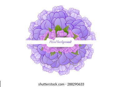 Beautiful card with a round wreath of different flowers. Vector llustration