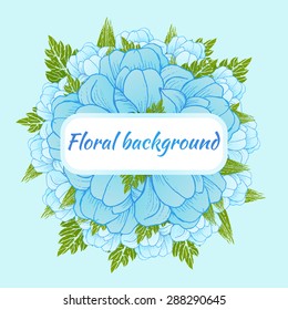 Beautiful card with a round wreath of different flowers. Vector llustration
