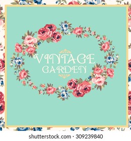 Beautiful card with a round wreath of different flowers of vintage garden.colorful frame of the Roses. Vector illustration