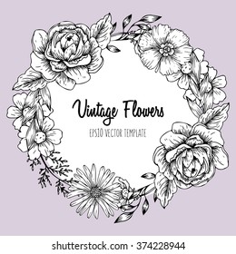 Beautiful card with a round wreath of different flowers of vintage garden. Black and white frame of the Roses, peony, cammomile Vector illustration