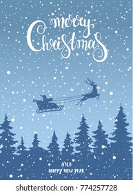 Beautiful card with Santa Claus Driving in a Sledge. Holidays stylish poster. Vector illustration. Christmas and new year greeting card