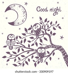 beautiful card with silhouette cute owl sit on branch tree. Stylish vector illustration
