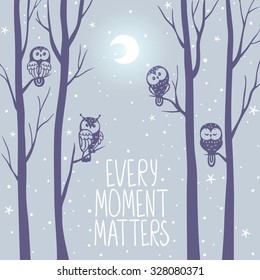 Beautiful card with silhouette trees at night and cute owls sit on branch tree. Vector illustration