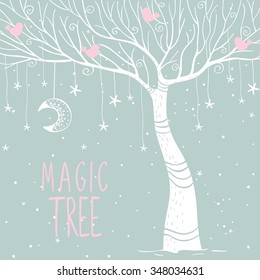 Beautiful card with silhouette white magic tree at night. Vector illustration