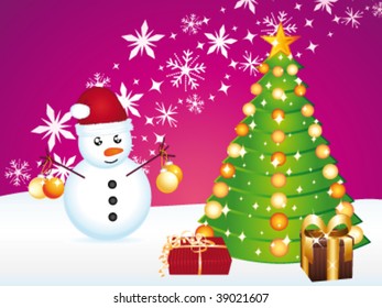 Beautiful card with snowman preparing christmas. Vector illustration.