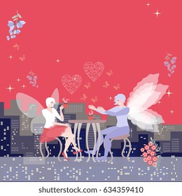  Beautiful card. Space for text. Dreamy date of winged fairies. Beautiful woman drinks tea and man confesses love.