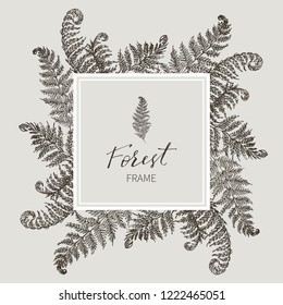 Beautiful card with a square frame with wreath of different plants of vintage garden and forest. Black and white frame of the fern, on a creme background. Vector illustration