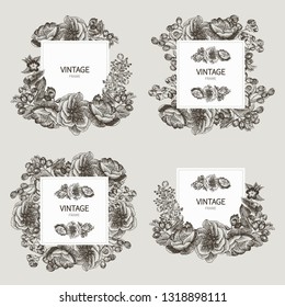 Beautiful card with a square frame with wreath of different plants of vintage garden and forest set. Black and white frame of the roses, peones and berries on a creme background. Vector illustration