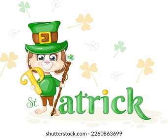 Beautiful card for St. Patrick's Day with a bunny and a cane