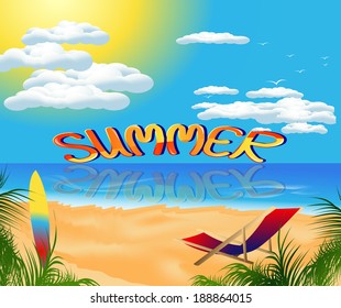 beautiful card with summer sea beach scenery and recreation
