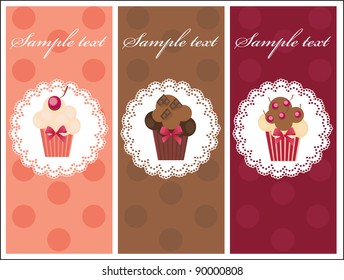 Beautiful card with sweet cupcakes. Dessert set banners design invitation background.
