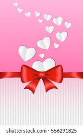 Beautiful card template with paper hearts and glossy red ribbon. Vector illustration.