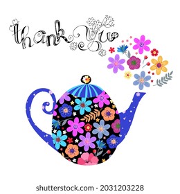 Beautiful card template with teapot, flowers and lettering "Thank you". 