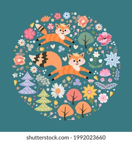 Beautiful card with two cute foxes among trees and flowers in fairytale forest. Round composition.