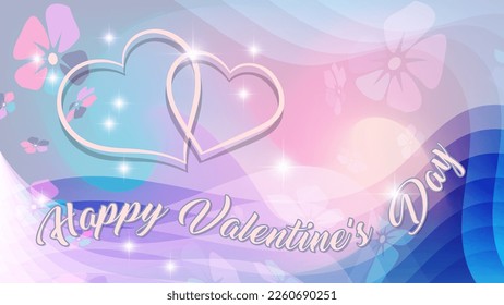Beautiful card for Valentine's Day. Gentle colors. Silhouettes of two hearts and a congratulatory inscription against the background of overlapping abstract shapes and mixing colors. Vector.