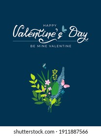 Beautiful card for Valentine's day with hand drawn lettering, bouquet of flowers and butterflies. Cute spring and summer design for invitation, wedding, kid's holiday. Vector illustration