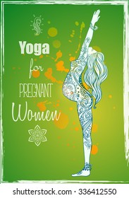 Beautiful card with Vector yoga for pregnant women. Healthy life, element hand drawn. Perfect cards for any other kind of design, yoga center concept, mother, baby  medallion, yoga, india