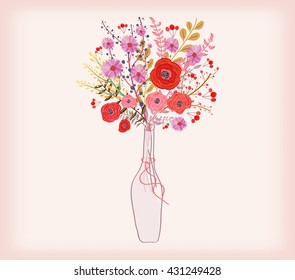 Beautiful card with watercolor flowers. bottle with love