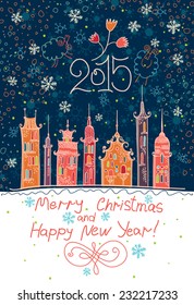 Beautiful card with a winter holiday town. Multicolored snow-covered houses.