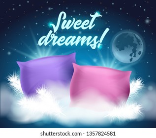 Beautiful Card with Wish Written Sweet Dreams. Banner Luxury Rest on Pads with Organic Filler. Vector Illustration on Background Night Sky, View from Space. Soft and Colored Textiles.