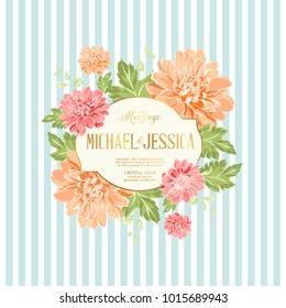 Beautiful card with a wreath of different color flowers over blue tile background. Spring flowers bouquet. Vector illustration.