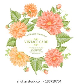 Beautiful card with a  wreath of different color flowers. Vector illustration.