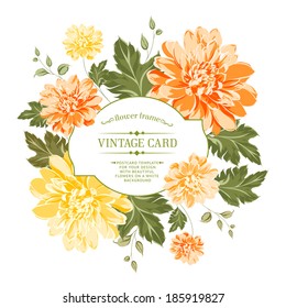 Beautiful card with a  wreath of different color flowers. Vector illustration.