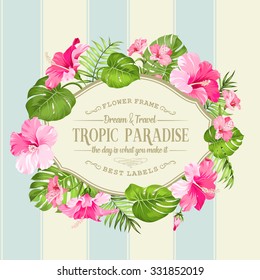 Beautiful card. Wreath of tropical flowers. Tropical flower garland. Blossom flowers.  Vector illustration.