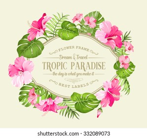 Beautiful card with a wreath of tropical flowers. Tropical flower garland. Blossom flowers for invitation card. Vector illustration.